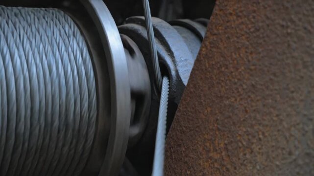 Engaging motor, drum rotating, braided cable sliding into sheave gap to seat cable in equipment bay