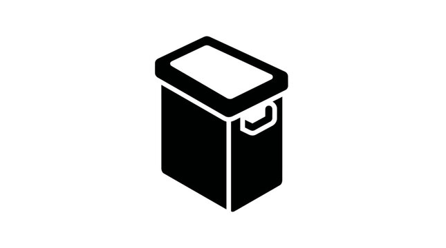 Black and white isometric icon of a rectangular container with a lid and handle.