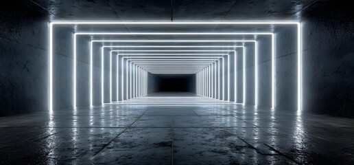 Fototapeta premium Abstract futuristic dark room with glowing bright neon white square frames, modern sci-fi background with reflections on wet floor and concrete walls, 3d illustration