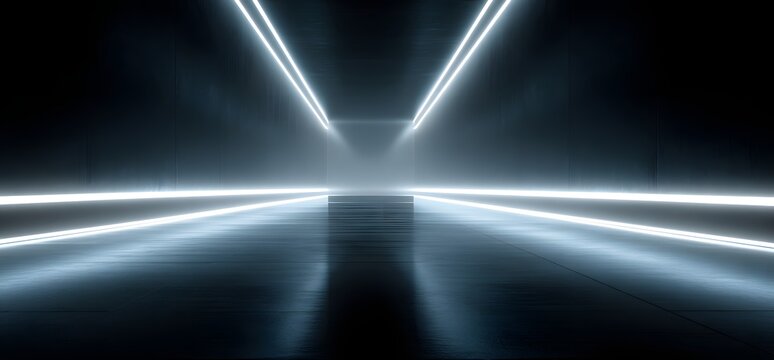 Abstract dark empty showroom with glowing neon light lines on walls and small platform in distance minimalist stage for product display futuristic scene