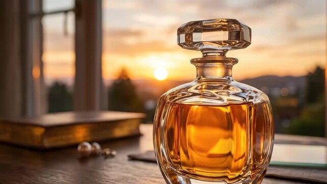 A luxury perfume bottle glowing in sunset light, warm amber tones, smooth glass and refined reflections in an elegant setting, ultra-realistic, no logos.