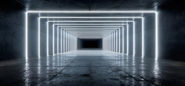 Abstract futuristic dark room with glowing bright neon white square frames, modern sci-fi background with reflections on wet floor and concrete walls, 3d illustration