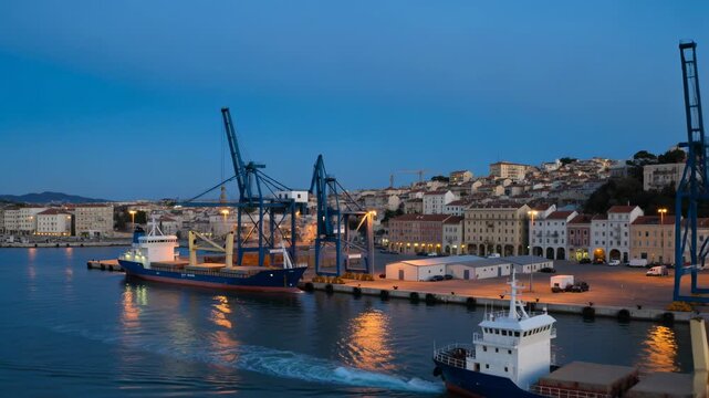 Panning camera revealing two blue gantry cranes and moored blue ship at quay, ferry creating wake