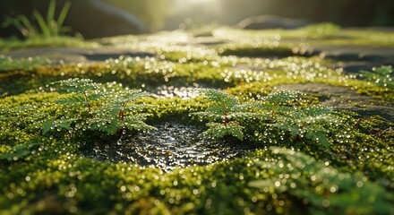 Fototapeta premium Closeup view of vibrant green moss and sunlight on a stone surface.