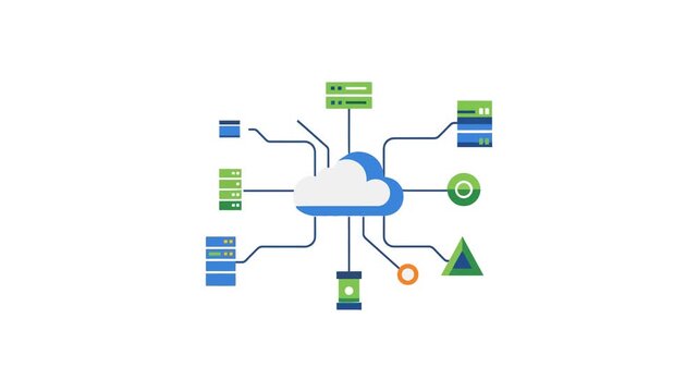 Animated vector illustration icon of cloud icon with a series of arrows integrated with business technology icons as a symbol of Artificial Intelligence for web network design and mobile communication