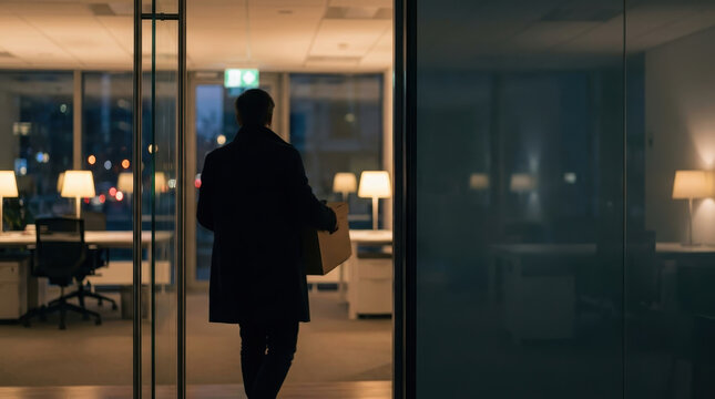 Layoffs office night worker silhouette glass door corporate unemployment stress lone worker silhouette night leaving office after layoffs amid market downturn concept reflected glass door holding