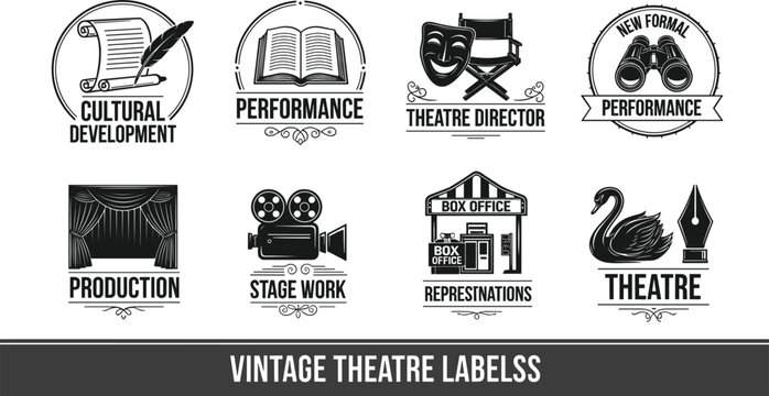 Vintage Theatre Labels with Director, Performance, Production, and Cultural Development Icons for Arts and Entertainment Designs