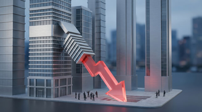 Layoffs market downturn concept stock decline red arrow city building Corporate layoffs market downturn concept with red arrow decline modern city skyline people street facing economic stress