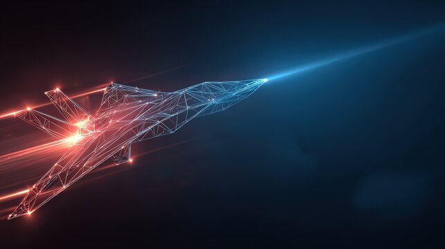 A modern digital warplane, meticulously crafted from interconnected lines of light, streaks boldly through a celestial expanse. ..Created with Generative AI, not depicting real subjects.