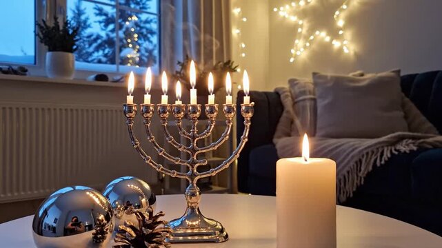 A warmly lit room with a menorah and candle on a table by the window