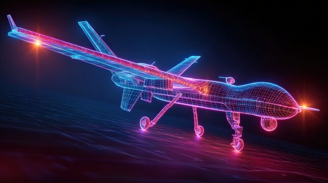 A detailed rendering of a high-tech drone, glowing with neon lights, suggesting innovation and advanced technology. ..Created with Generative AI, not depicting real subjects.