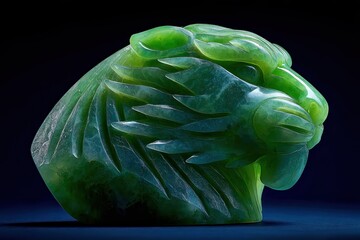 Fototapeta premium Jade Lion: A finely carved jade lion sculpture gleams, its verdant form meticulously sculpted with detail, evoking a sense of ancient artistry and cultural heritage.