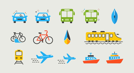 Transportation icons showcase various vehicles on land, sea, and air © reyro22