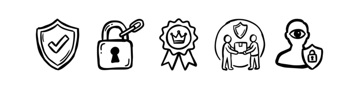 Set of hand-drawn security and trust icons including shield, padlock, award ribbon, secure delivery, and privacy protection symbols. Simple black line art doodle style on white background.