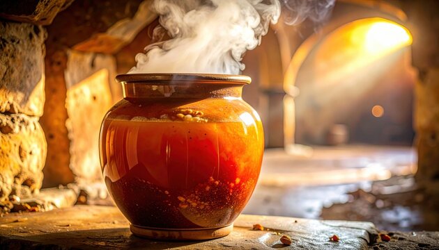 Steaming crock of fermenting vegetable brine glowing with warm light in a rustic kitchen setting.