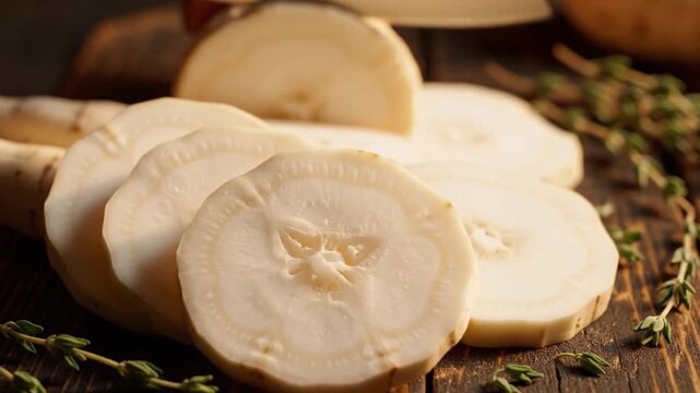 Fresh Parsnip Slices on Wooden Surface