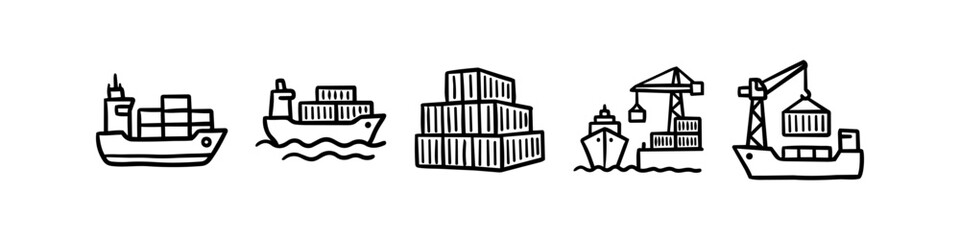 Fototapeta premium Hand-drawn doodle icons of maritime logistics featuring container ships, cargo port cranes, and shipping containers. Minimalist black line art for international trade and transport concepts.
