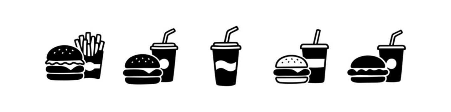Set of minimalist fast food icons featuring hamburgers, french fries, and soft drinks. Modern black and white vector silhouette illustrations for restaurant menus or digital interfaces.