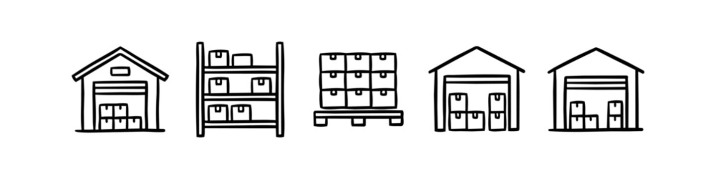 Set of hand-drawn warehouse and logistics icons featuring storage buildings, racks, boxes, and pallets. Simple black and white doodle style for distribution and shipping concepts.