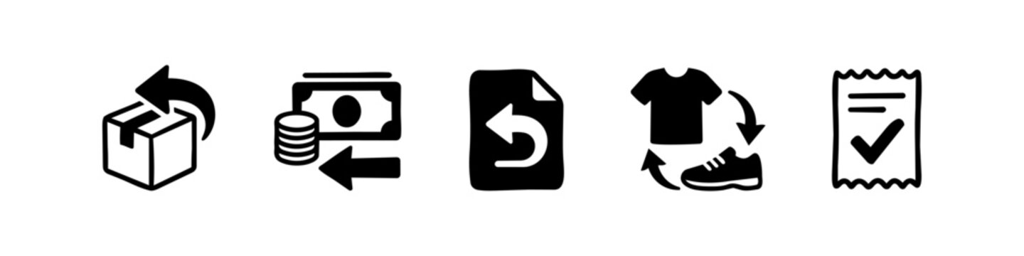A minimalist set of five black icons representing common e-commerce return steps: parcel return, money-back refund, return policy document, apparel exchange, and confirmed receipt.