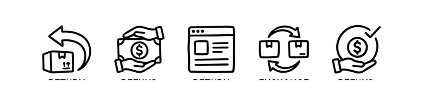 Hand-drawn doodle icon set for e-commerce returns, refunds, and product exchanges. Includes box returns, cash back, online forms, and delivery swaps.