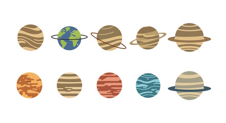Set of colorful planets with rings and stripes, representing the solar system, displayed on a clean white background © reyro22