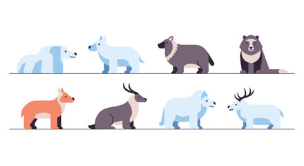 Collection of cartoon arctic animals including polar bear, arctic fox, wolf, seal, caribou, and reindeer, isolated on white background © reyro22
