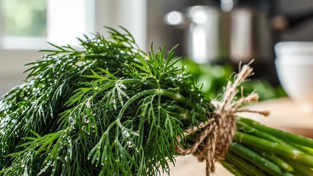 Fresh Dill Bunch Tied with Twine on Kitchen Counter