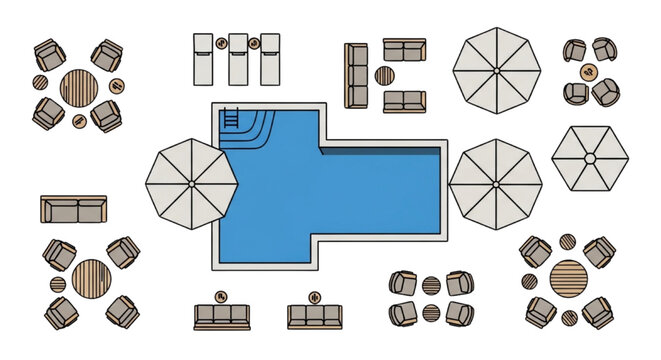 Top View Poolside Layout CAD Blocks with Swimming Pool, Sun Loungers, Umbrellas and Outdoor Seating Arrangement