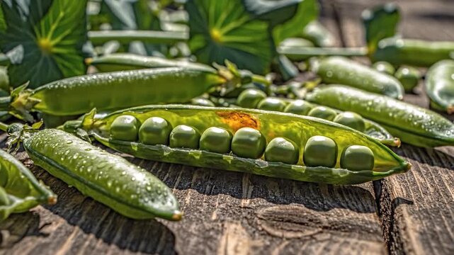 Fresh Green Peas In Pods Scattered On Wood