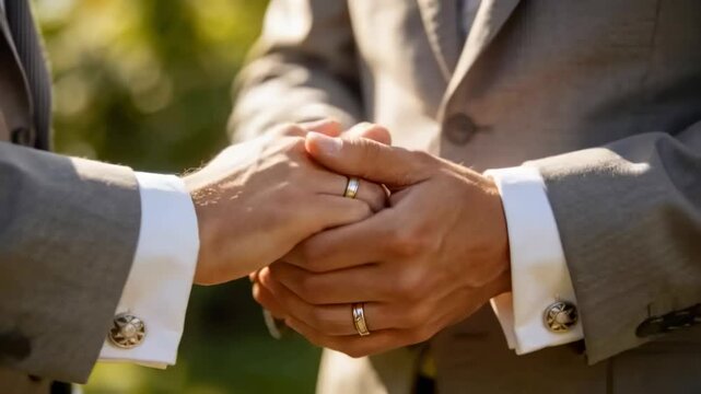 Cupping two men's hands at vows, adjusting in garden wearing suits with wedding bands and cufflinks