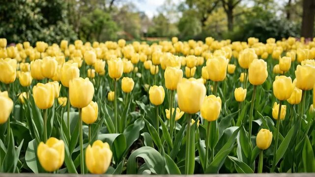 A sleek modern device placed on a wooden bench among blooming yellow tulips, clean lines against soft floral textures, tranquil spring setting, ultra-realistic, no logos.