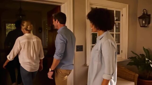 Walking curly woman wearing denim-shirt entering foyer from sunlit yard via wooden door, copy space