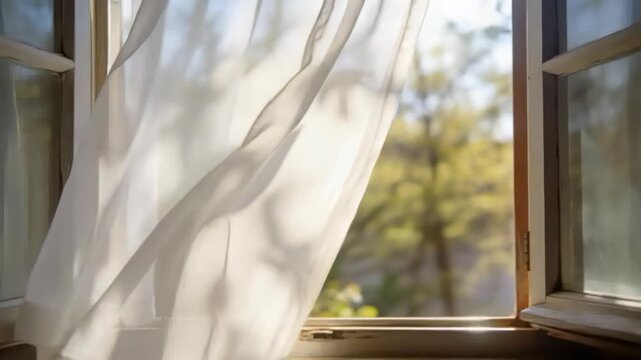 Billowing sheer curtain lifting inward from breeze at open wooden window, casting leaf shadows