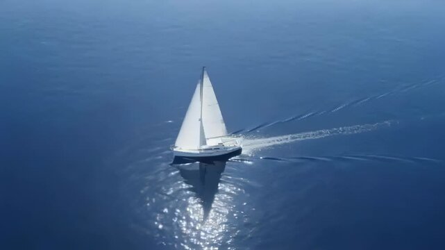 Tracking aerial cam initiating, white yacht sailing with raised sails on blue ocean, holding course