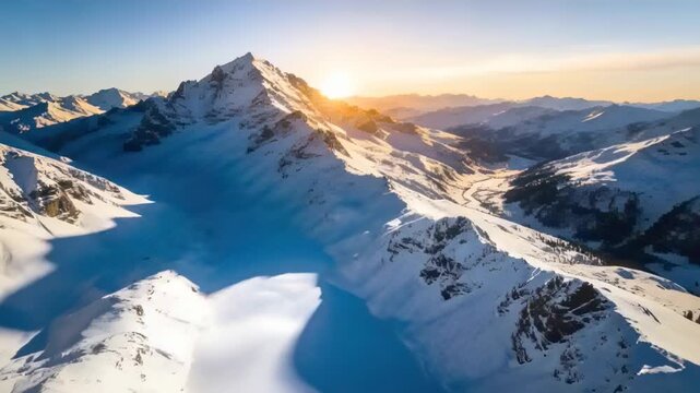 Sun rising sending gliding drone moving over alpine massif, revealing snowy peak and frozen bowl
