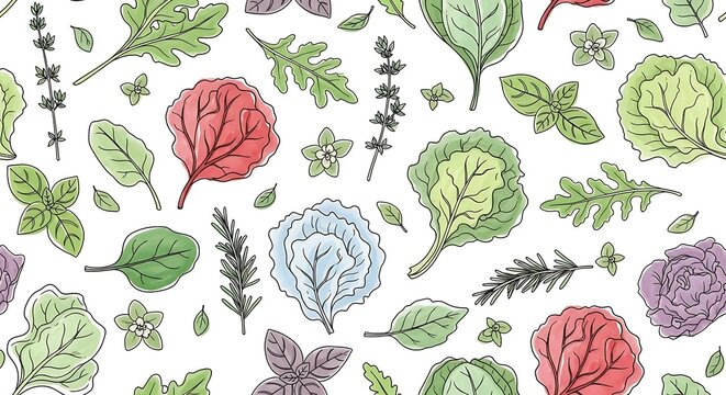 Watercolor illustration of various fresh green and red salad leaves and herbs