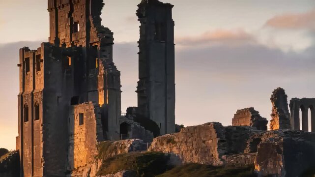 Pulling back camera revealing ruined stone tower and arched openings on grassy hill in golden light