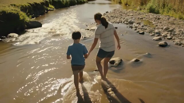 Stepping in, wading woman in striped tee guiding and steadying boy with flat stone through stream
