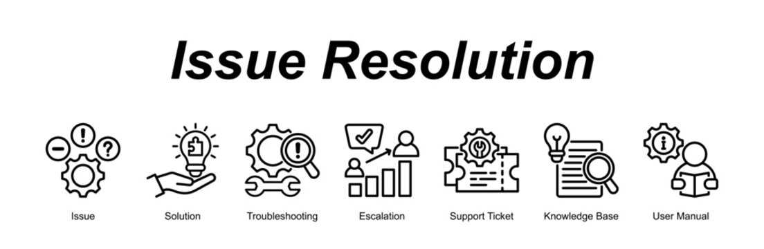 Issue Resolution web banner icon vector illustration concept for with icon of Issue, Solution, Troubleshooting, Escalation, Support Ticket, Knowledge Base, U.