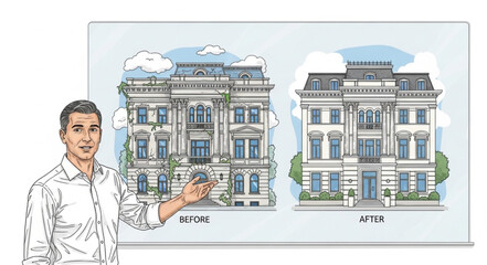 Architectural comparison of two historic buildings presented by a man. © Belajar