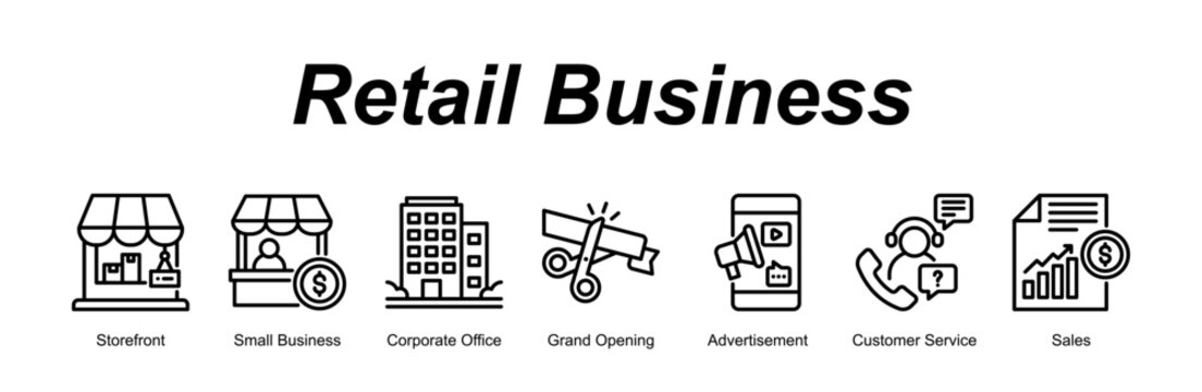 Retail Business web banner icon vector illustration concept for with icon of Storefront, Small Business, Corporate Office, Grand Opening, Advertisement, Customer S.