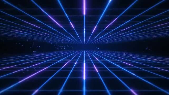 Abstract Neon Grid Tunnel Perspective Background with Blue and Purple Lights.