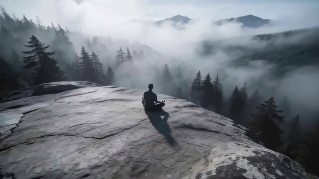 Sitting adult dark-clad meditating cross-legged on granite ledge, fog moving through pines for calm