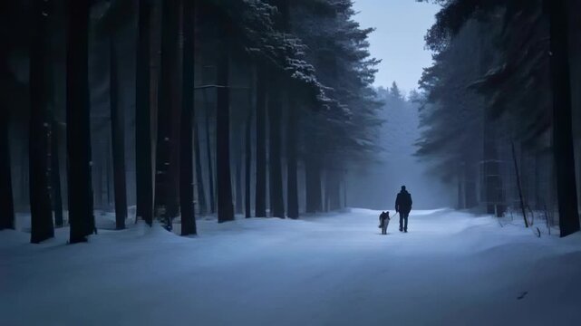 Walking person in parka and boots leading dog down snowy trail, leaving footprints through pines