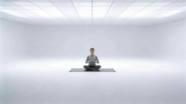 Raising from knees, man in gray top bringing palms at chest on studio yoga mat centering