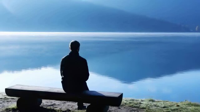 Sitting man shifting slightly, gazing at calm lake, ridge from wood bench wearing dark jacket pants