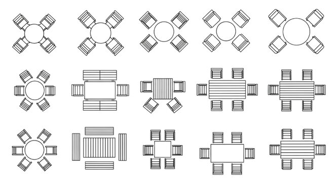 Outdoor Dining Furniture CAD Blocks Top View with Round and Rectangular Tables, Chair Arrangements and Patio Layouts