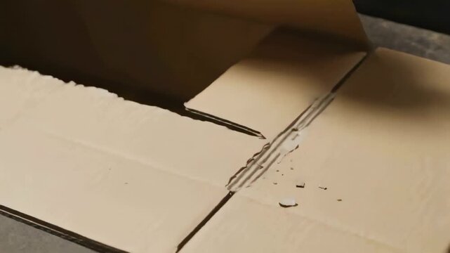 Gripping gloved hand pulling scored seam on workbench, tearing cardboard and revealing hollow