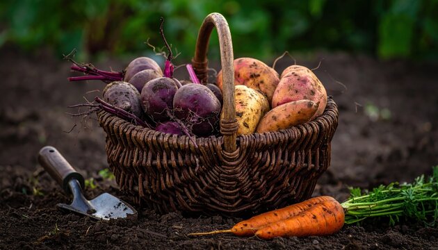 A rustic woven basket filled with freshly gathered garden vegetables including earthy beets and potatoes sitting on the soil next to a carrot and a small metal garden trowel during harvest.